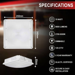 LED Canopy Light with 30W-70W Selectable Wattage & 3000K-5000K CCT– White