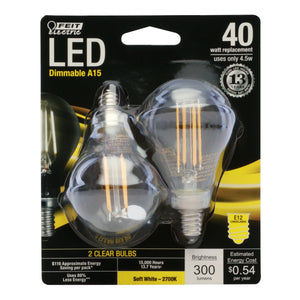 A15 LED Light Bulbs, A-shape, Candelabra Base Filament, Dimmable, Crystal Decorative Bulb, Clear, 2 Pack