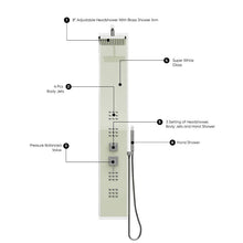 Load image into Gallery viewer, 59 in 4-Jet White Glass Shower Panel System With Adjustable Rainfall Shower Head &amp; Handheld Shower, Self-Cleaning &amp; Jet Massage Feature