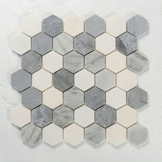 12 X 12 in. Eastern Gray and White 2 in. Hexagon Polished Marble Mosaic Tile