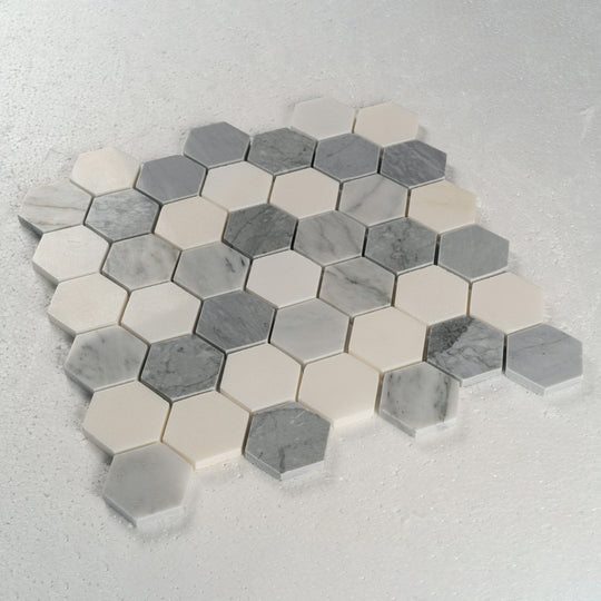 12 X 12 in. Eastern Gray and White 2 in. Hexagon Polished Marble Mosaic Tile