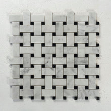 Load image into Gallery viewer, 12 X 12 in. Bianco Carrara SP113 White/black Polished Marble Basketweave Mosaic Tile