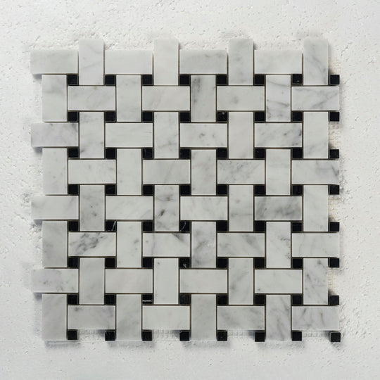 12 X 12 in. Bianco Carrara SP113 White/black Polished Marble Basketweave Mosaic Tile