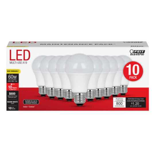 A19  LED Light Bulbs, 60 Watt Equiv, Non-Dimmable. 3000K, Maint. Pack, 10 Pk