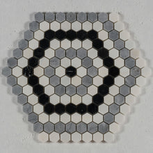 Load image into Gallery viewer, 1 in. Hexagon Morocan Pattern White/Grey/Black Polished Marble Mosaic