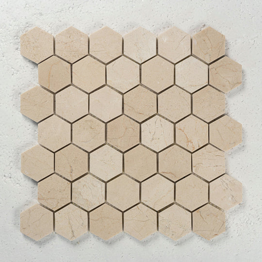 2 in. Hexagon Crema Marfil Polished Mosaic Tile