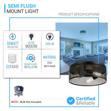 Load image into Gallery viewer, 3-Lights Cage Style Flush Mount Fixture, Drum Shape, E26 Base, UL Listed, 3 Years Warranty