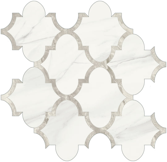 Mayfair High Gloss Volakas Grigio Arabesque Polished Glazed Porcelain Mosaic