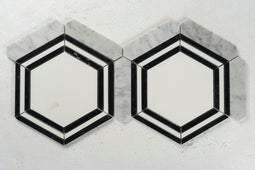 14 X 16 in. Carrara picket & Black Line Thassos Hexagon Waterjet Marble Mosaic Tile