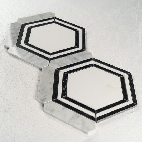 14 X 16 in. Carrara picket & Black Line Thassos Hexagon Waterjet Marble Mosaic Tile