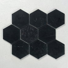 Load image into Gallery viewer, 10 X 10 in. Hexagon Nero Marquina 4 in. Black Brushed Marble Mosaic Tile