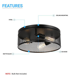 3-Lights Cage Style Flush Mount Fixture, Drum Shape, E26 Base, UL Listed, 3 Years Warranty