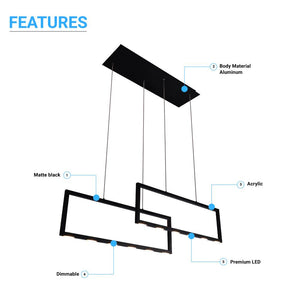 2-Rectangle Lights, LED Kitchen Island Light Pendant, 38W, 3000K, 1900LM, Dimmable, For Dining Living Room, Matte black Body Finish