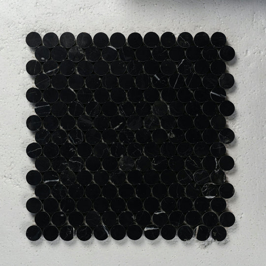 12 X 12 in. Nero Marquina 1" Polished Black Penny Round Marble Mosaic Tile