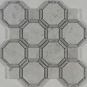 13 X 13 in. Gables Carrara Octagon White and Gray Line Polished Marble Mosaic