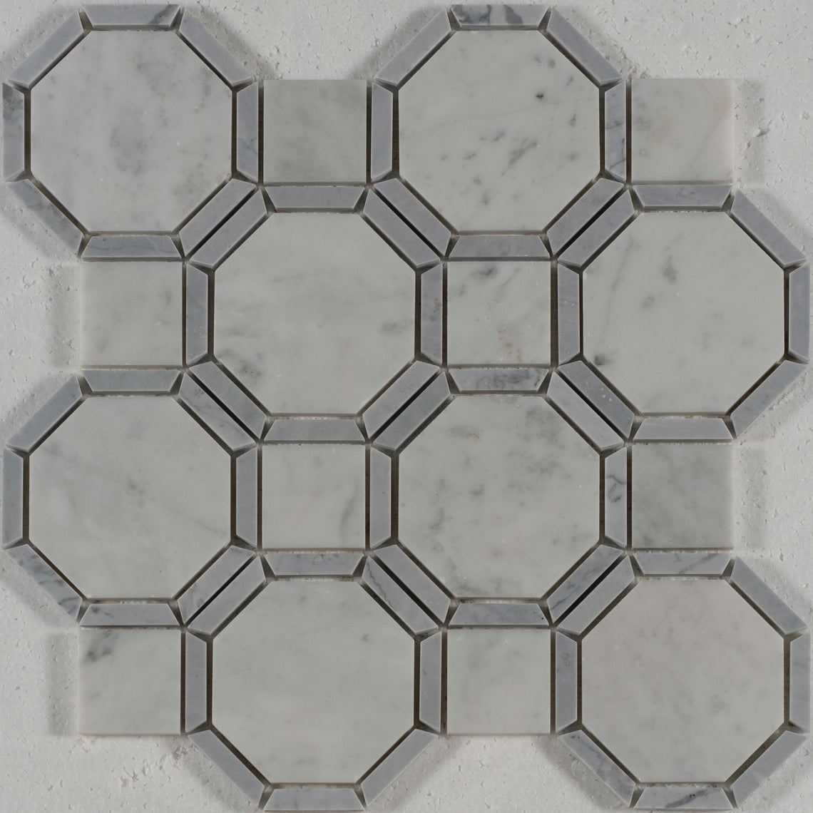 13 X 13 in. Gables Carrara Octagon White and Gray Line Polished Marble Mosaic