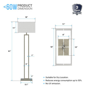 Decorative 61" Floor Lamps, Brushed Nickel & Straight rectangular pure white linen shade, With 1PCS ON-OFF Switch on the lamp holder