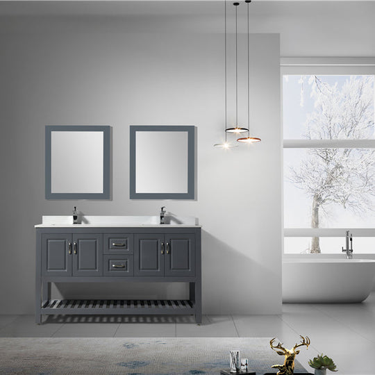 Modern Livia Freestanding Bathroom Vanity With Quartz Top, Sink, Drawers & Open Shelf Storage