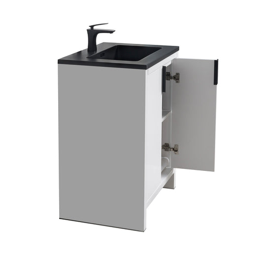 Evana White Freestanding Bathroom Vanity with Black Sink & Doors