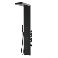 Load image into Gallery viewer, 55 in. 3-Jet Stainless Steel Matte Black Shower Panel System with Fixed Rainfall &amp; Waterfall Shower Head, Tub Spout &amp; Handheld Shower, Self-Cleaning &amp; Jet Massage Feature