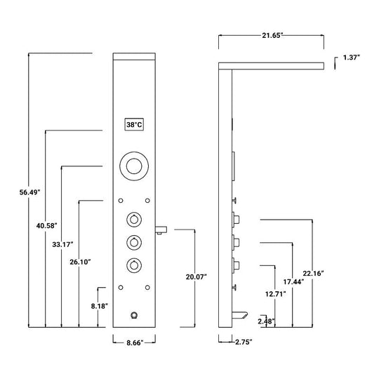 55 In. 5-Jet Stainless Steel Shower Panel System With Fixed LED Rainfall Shower Head, LED Temperature Display & Handheld Shower, Self-Cleaning & Jet Massage Feature