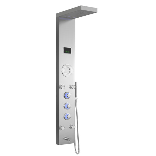 55 In. 5-Jet Stainless Steel Shower Panel System With Fixed LED Rainfall Shower Head, LED Temperature Display & Handheld Shower, Self-Cleaning & Jet Massage Feature