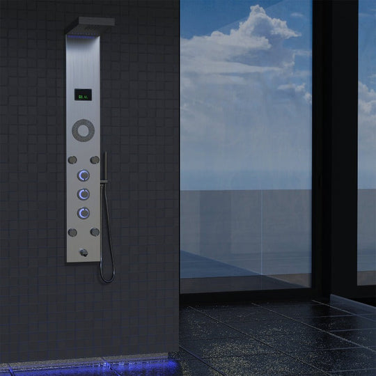 55 In. 5-Jet Stainless Steel Shower Panel System With Fixed LED Rainfall Shower Head, LED Temperature Display & Handheld Shower, Self-Cleaning & Jet Massage Feature