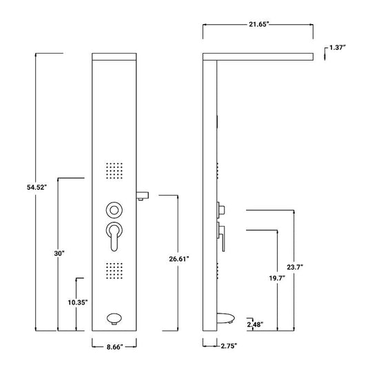 53 in. 2-Jet Stainless Steel Shower Panel System With Fixed Rainfall & Waterfall Shower Head, Handheld Shower,Tub Spout, Self-Cleaning & Jet Massage Feature