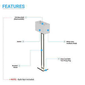 Decorative 61" Floor Lamps, Brushed Nickel & Straight rectangular pure white linen shade, With 1PCS ON-OFF Switch on the lamp holder