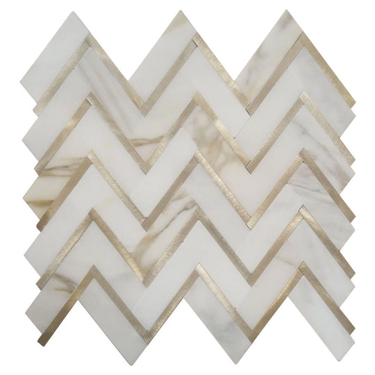13" X 11" X 10 mm Calacatta White with Golden Metal Waterjet Mosaic Zigzag