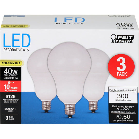 A15 LED Light Bulbs, 6.5 Watts, E26, 500 Lumens, White, Candelabra Base, 3000K Non-Dimmable