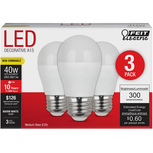 A15 LED Light Bulbs, 5 Watts, E26, 300 lumens, 3000K, Non-Dimmable