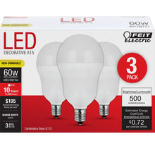 Load image into Gallery viewer, A15 LED Light Bulbs, 6.5 Watts, E26, 500 Lumens, White, Candelabra Base, 3000K Non-Dimmable