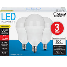Load image into Gallery viewer, A15 LED Light Bulbs, 6.5 Watts, E26, 500 Lumens, White, Candelabra Base, 3000K Non-Dimmable