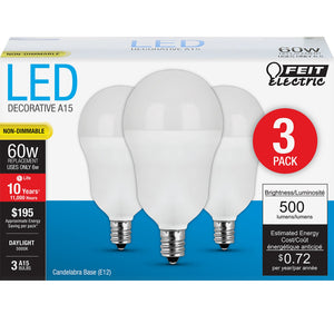 A15 LED Light Bulbs, 6.5 Watts, E26, 500 Lumens, White, Candelabra Base, 3000K Non-Dimmable