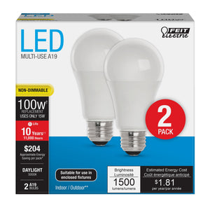 A19 LED Bulbs, 15 Watts, E26, 800 Lumen, frosted, 5000K, Non-Dimmable