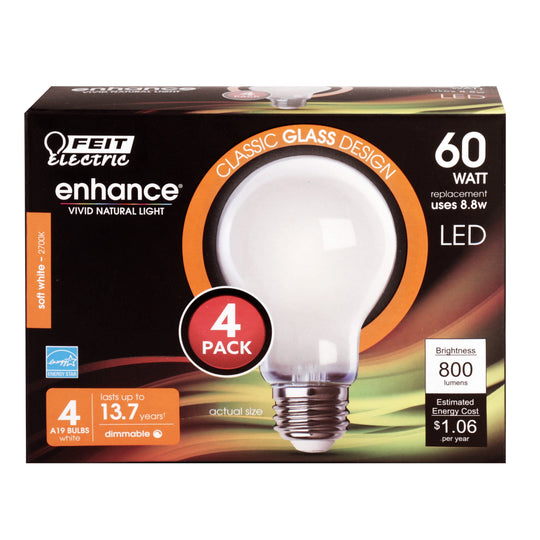 A19 Filament LED 60W Equivalent Non-Dimmable Clear Medium Base 800Lm 2700K Bulb 4-Pack