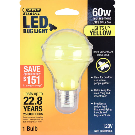 A19 LED Yellow Bug Light, 5 Watt, A-Shape , Medium E26 Base, Lumens 400