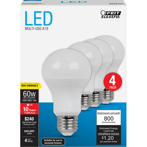 A19 LED Light Bulbs, 10 Watts, E26, 800 Lumens, 5000K Non-Dimmable