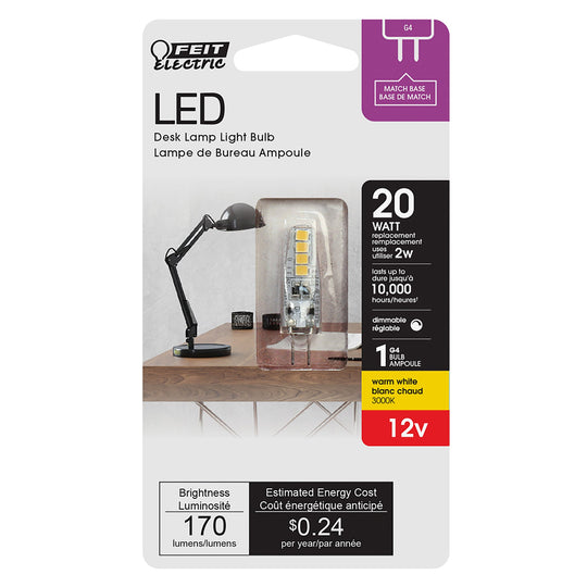 LED Light Bulb , 2W, T3, G4 Base, 12V, 170 Lumens, Desktop Lamps Bulbs, Dimmable, 3000K