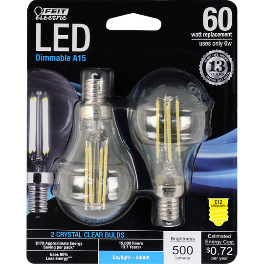 A15 LED Light Bulbs, A-shape, Candelabra Base Filament, Dimmable, Crystal Decorative Bulb, Clear, 2 Pack