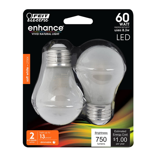 A15 LED Light Bulbs, Filament, E26 Base, White, Dimmable, Frosted, 2 Pack