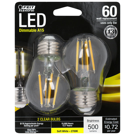 A15 LED Light Bulbs, E26, Filament, Dimmable, Crystal Clear, Decorative, Medium Base, 2 Pack