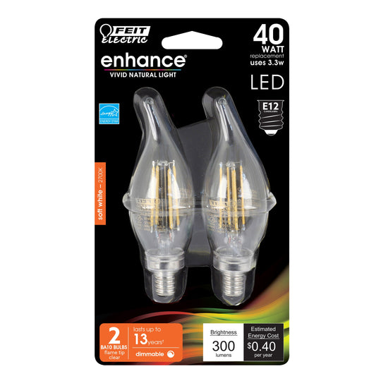 LED Bulbs, E12, Candelabra Base, Clear, Flame Bent Tip Decorative LED Light Bulbs, Bent Tip, 2 Packs