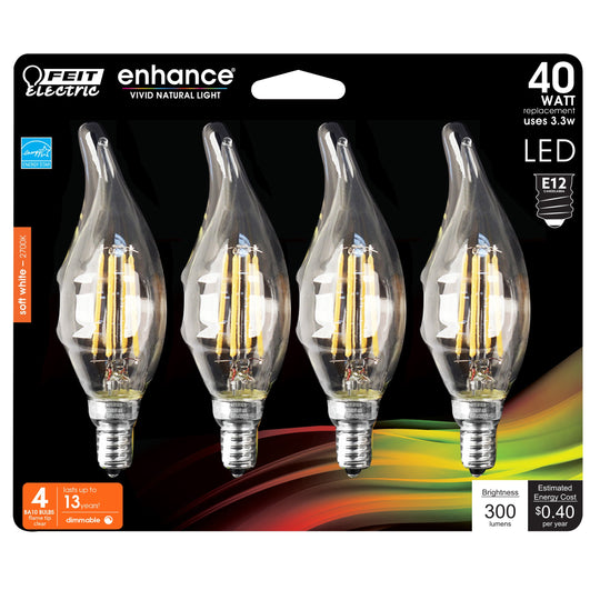 LED Light Bulbs, Candelabra Base, Flame Bent Tip Decorative LED Light Bulbs, Clear, Decorative Bulb, Torpedo, Flame, 4 Packs