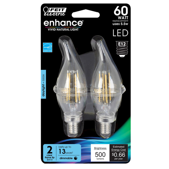 LED Bulbs, E12, Candelabra Base, Clear, Flame Bent Tip Decorative LED Light Bulbs, Bent Tip, 2 Packs