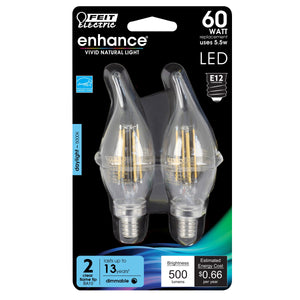 LED Bulbs, E12, Candelabra Base, Clear, Flame Bent Tip Decorative LED Light Bulbs, Bent Tip, 2 Packs