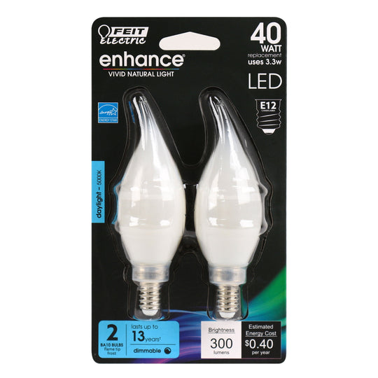 LED Light Bulbs For Chandelier, E12, Candelabra Base, Filament, Frosted, Flame, 2 Pack