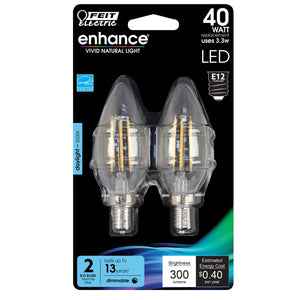 LED Light Bulbs, E12, Candelabra Base, Blunt Tip Filament, Clear, Decorative Chandelier Bulb, Torpedo, Flame, 2 Packs
