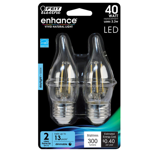 Dimmable LED Light Bulbs, E26, Medium Base, Flame Tip, Clear, Decorative Chandelier Bulb, CEC Compliant, 2Packs